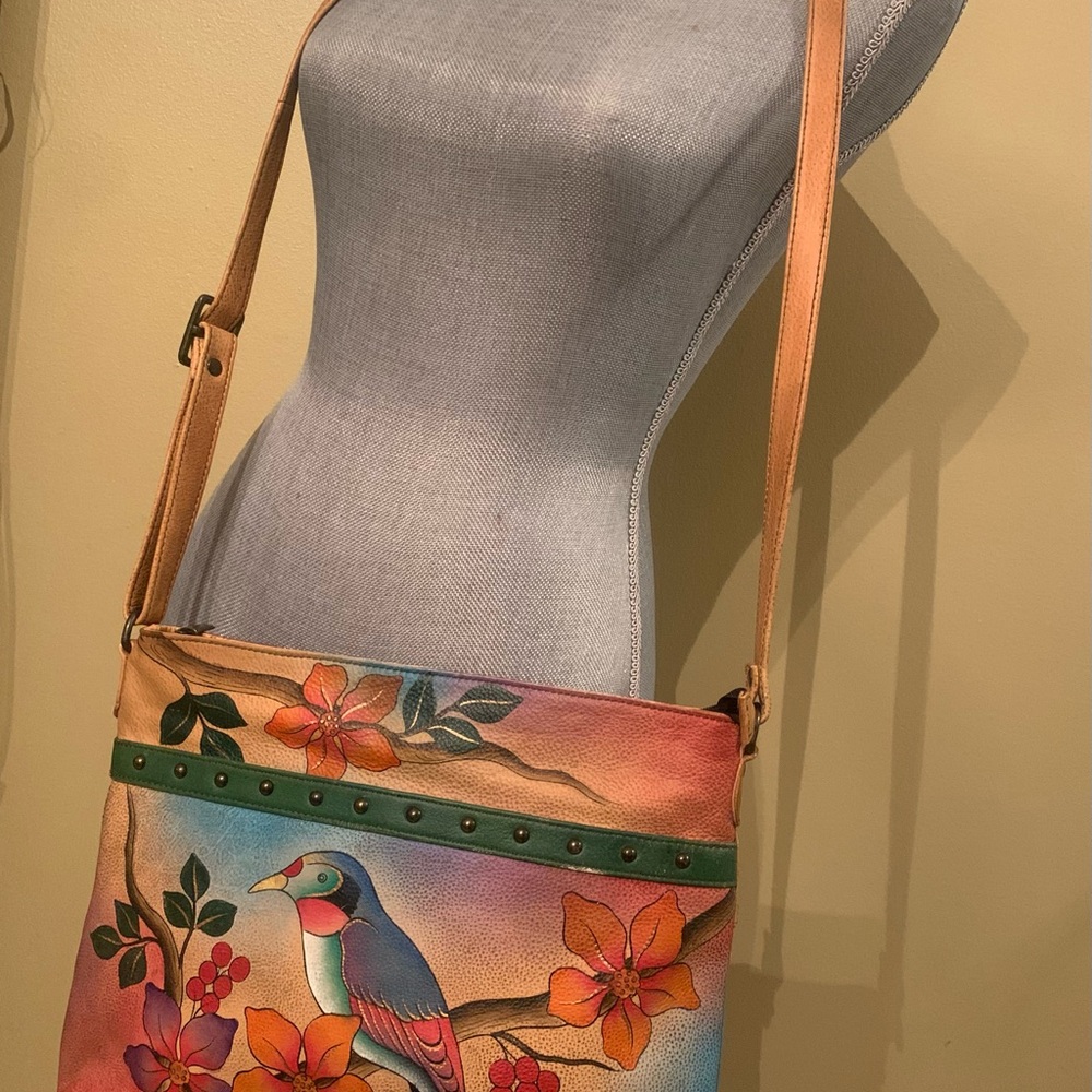 Tan and Blue Crossbody Bag with Tropical Print